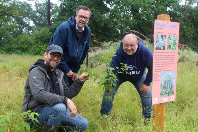Hajo Kaemena, Derik Eicke und Gerd Richter freuen sich über das Nahrungsangebot für Insekten,Vögel und Co. - Bild: NABU Bremen