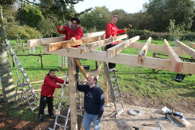 Vier Freiwillige arbeiten an einem Holzgerüst